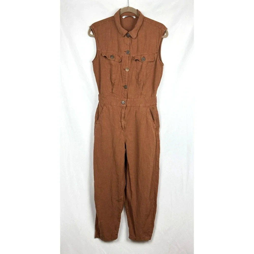 ZARA Sleeveless Balloon Leg Jumpsuit Medium Terracotta Brown Utility Romper NWT